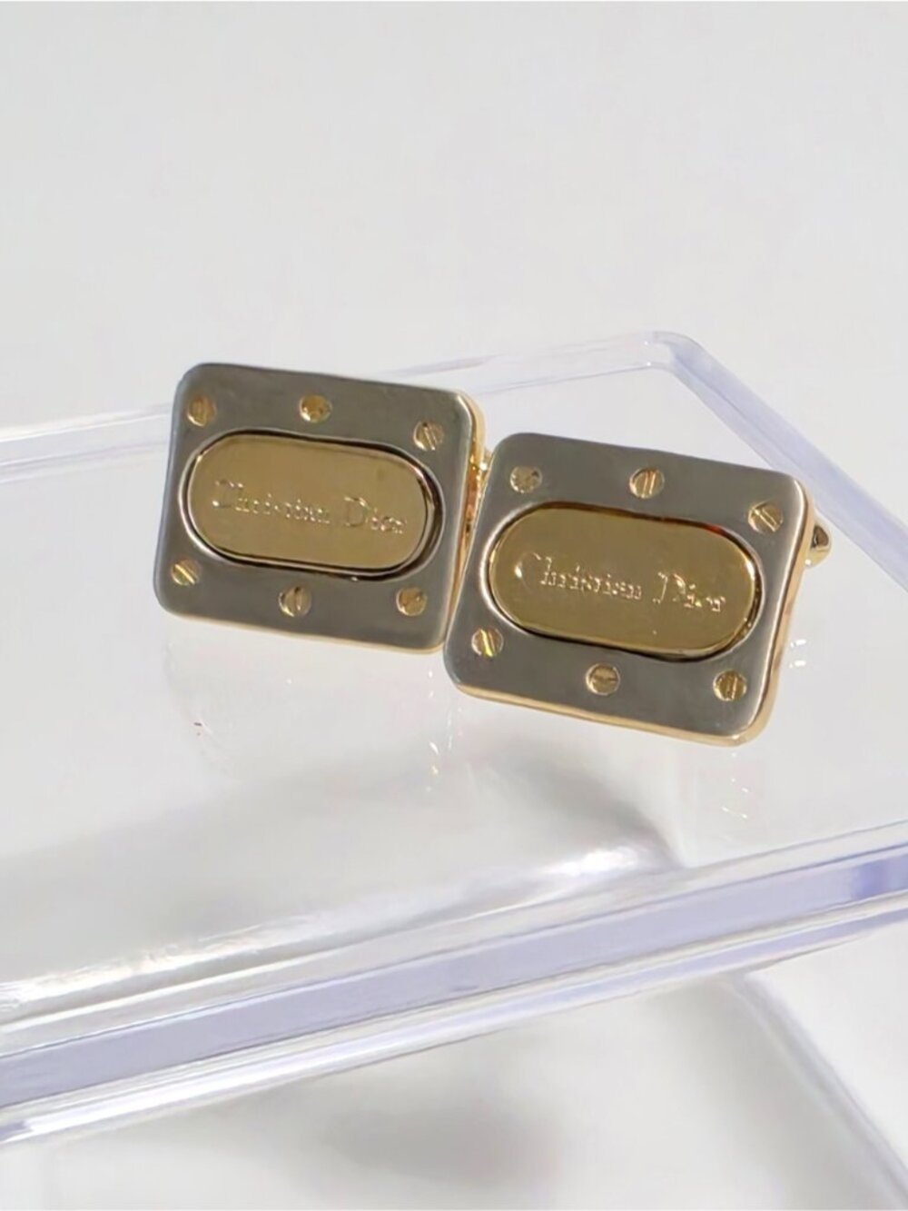 Authentic Christian Dior Gold Silver Tone Rectangular Cufflinks Accessories